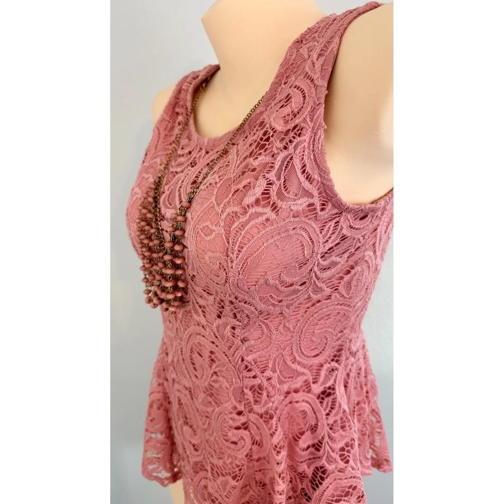 Vtg Dusty Rose Floral Lace Peplum Necklace Sleeveless Top M Coquette Victorian - Picture 4 of 16